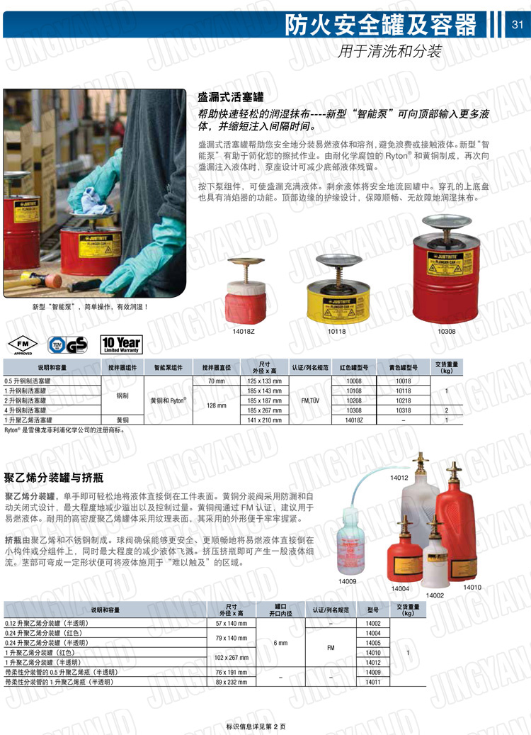 美國杰斯瑞特，JUSTRITE，活塞安全罐，盛漏式活塞罐，化學品分裝罐，